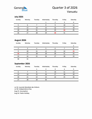 Vanuatu Quarter 3  2026 calendar template