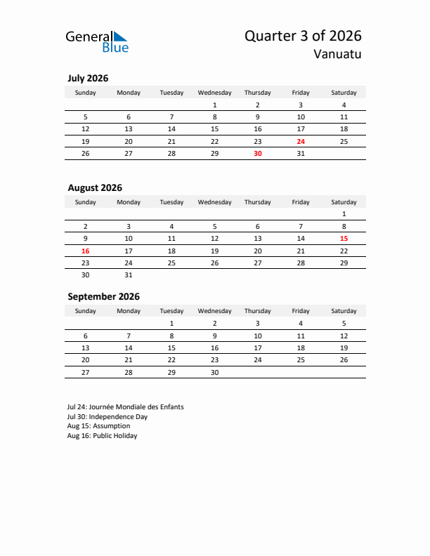 2026 Q3 Three-Month Calendar for Vanuatu