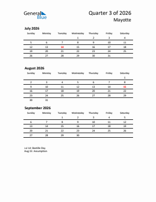 Mayotte Quarter 3  2026 calendar template