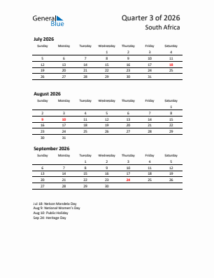 South Africa Quarter 3  2026 calendar template