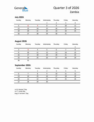 Zambia Quarter 3  2026 calendar template