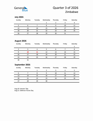 Zimbabwe Quarter 3  2026 calendar template
