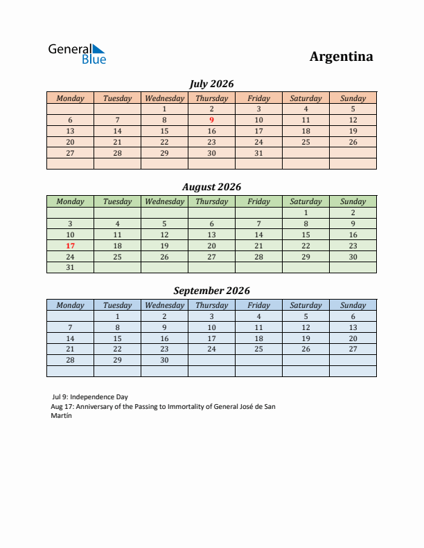 Q3 2026 Holiday Calendar - Argentina