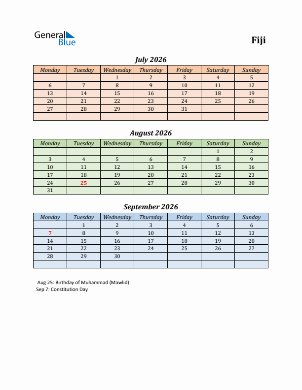 Q3 2026 Holiday Calendar - Fiji