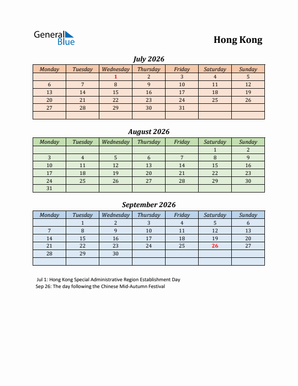 Q3 2026 Holiday Calendar - Hong Kong