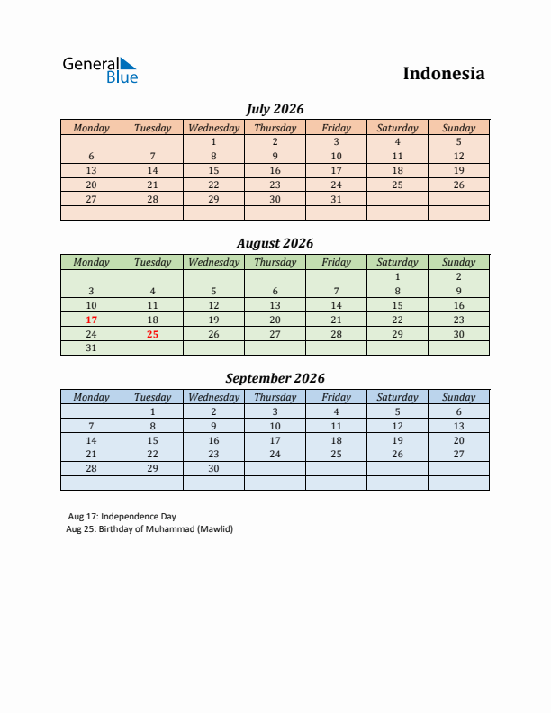 Q3 2026 Holiday Calendar - Indonesia
