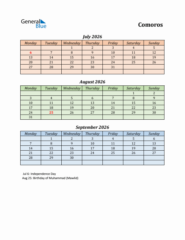 Q3 2026 Holiday Calendar - Comoros