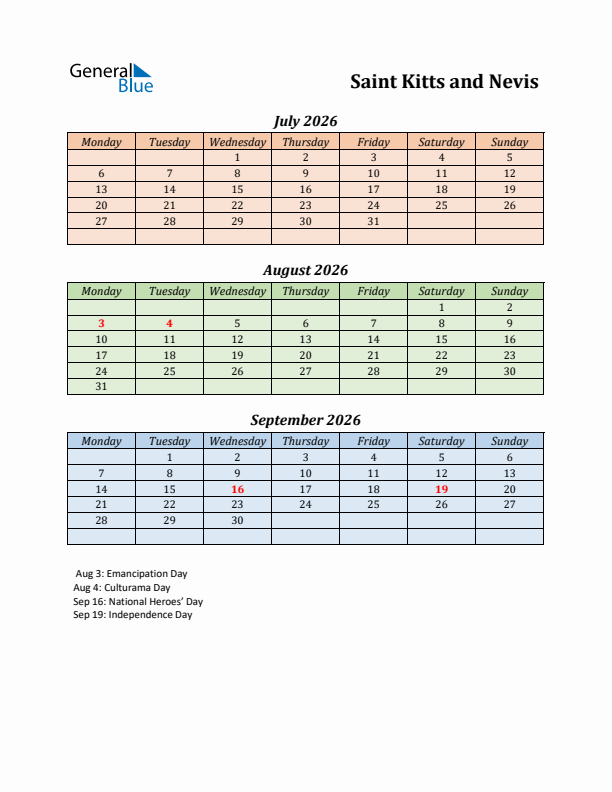 Q3 2026 Holiday Calendar - Saint Kitts and Nevis