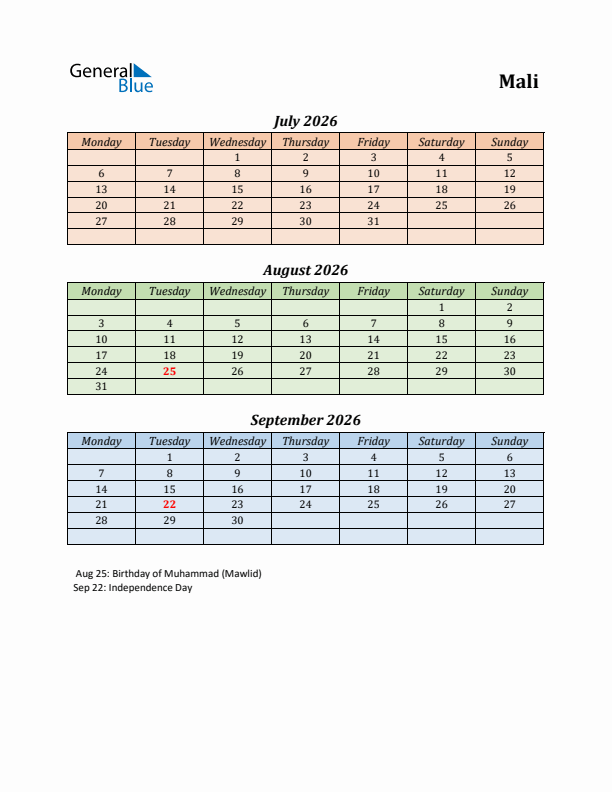 Q3 2026 Holiday Calendar - Mali