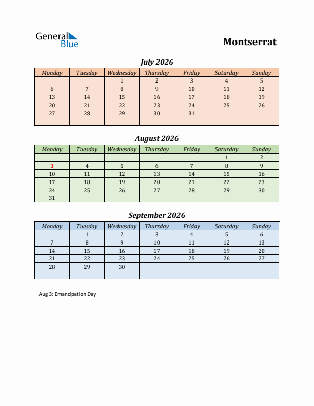 Q3 2026 Holiday Calendar - Montserrat