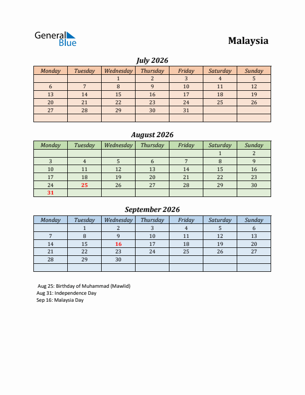 Q3 2026 Holiday Calendar - Malaysia