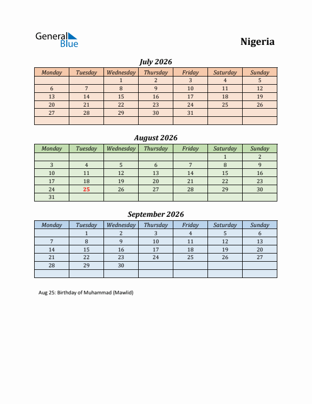 Q3 2026 Holiday Calendar - Nigeria