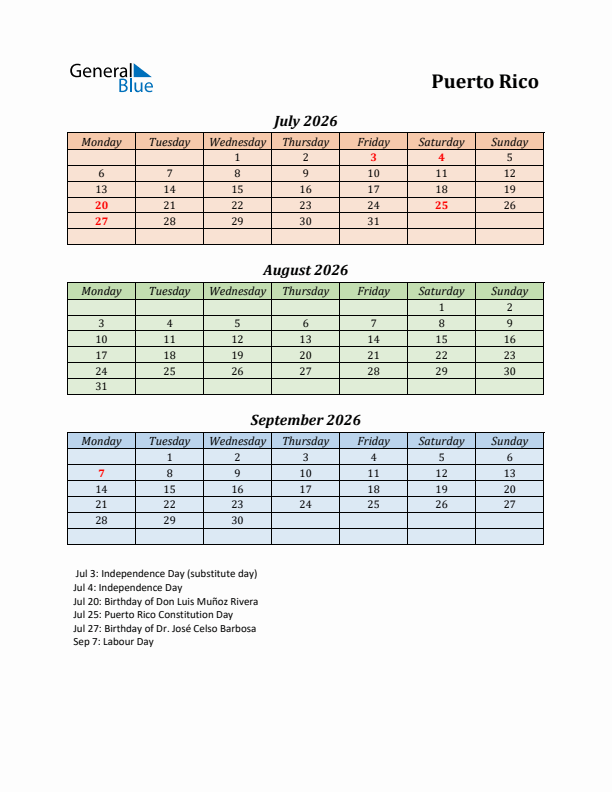 Q3 2026 Holiday Calendar - Puerto Rico