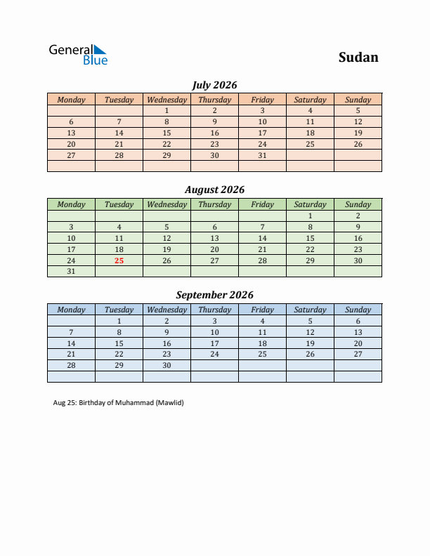 Q3 2026 Holiday Calendar - Sudan