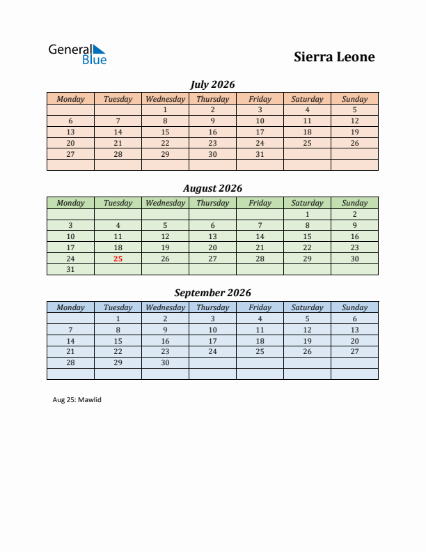 Q3 2026 Holiday Calendar - Sierra Leone