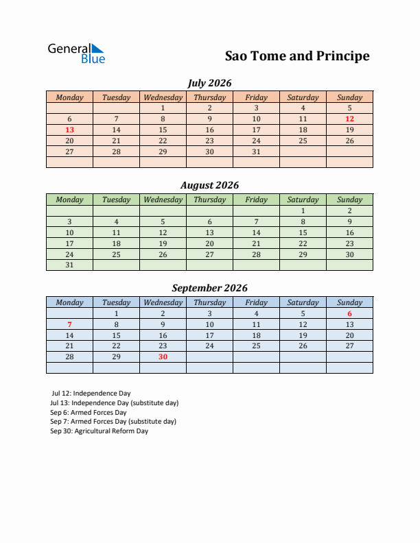 Q3 2026 Holiday Calendar - Sao Tome and Principe