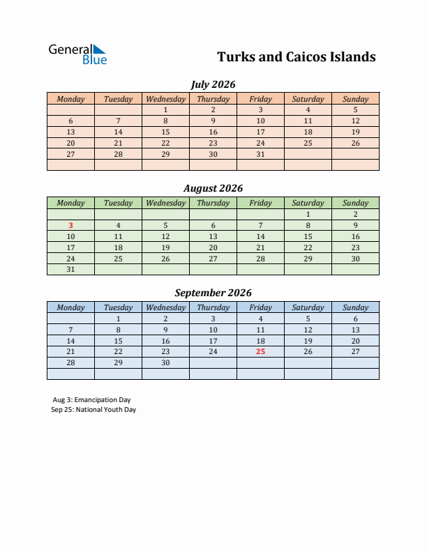 Q3 2026 Holiday Calendar - Turks and Caicos Islands