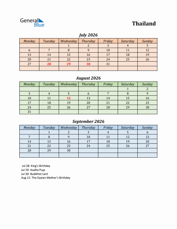 Q3 2026 Holiday Calendar - Thailand