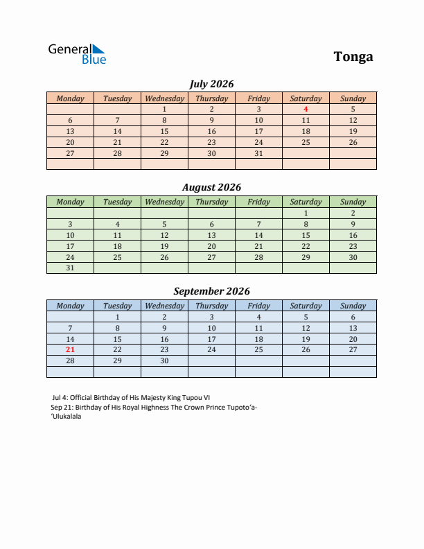 Q3 2026 Holiday Calendar - Tonga