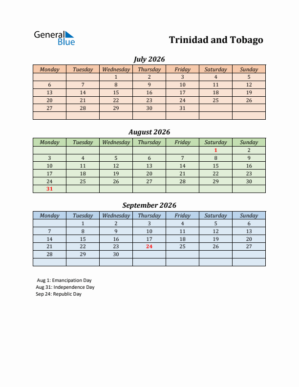 Q3 2026 Holiday Calendar - Trinidad and Tobago