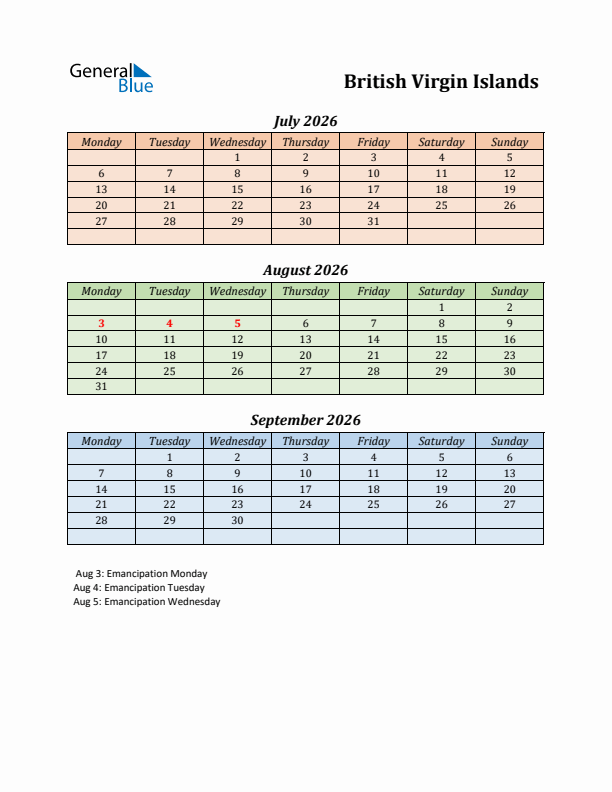 Q3 2026 Holiday Calendar - British Virgin Islands