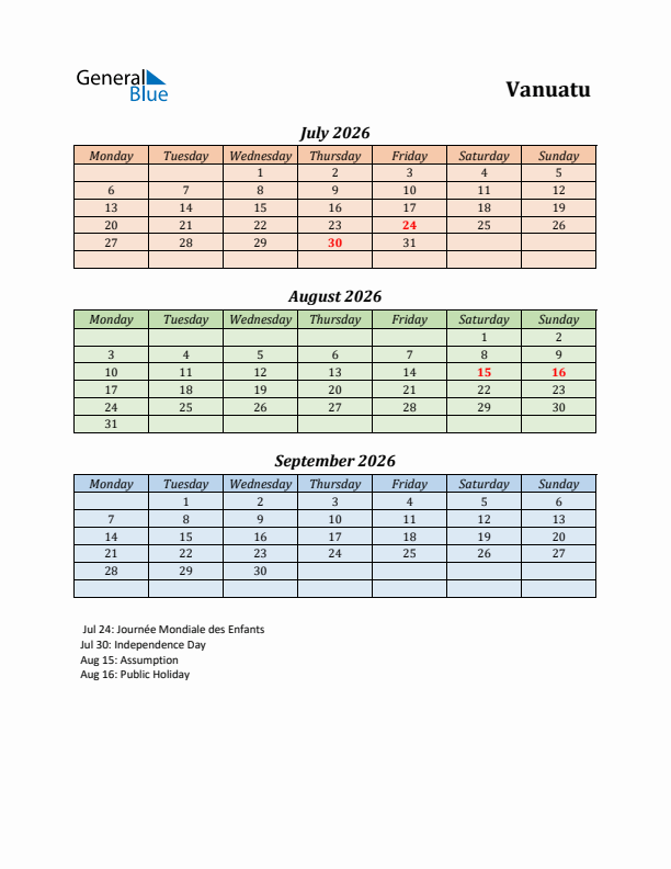 Q3 2026 Holiday Calendar - Vanuatu