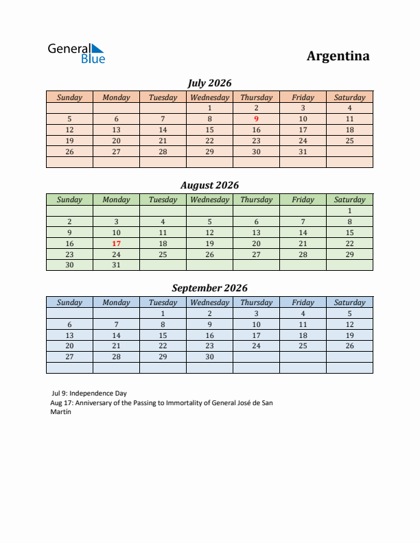 Q3 2026 Holiday Calendar - Argentina