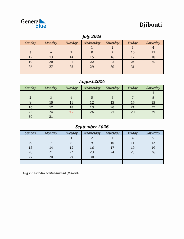 Q3 2026 Holiday Calendar - Djibouti