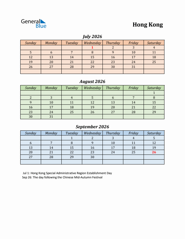 Q3 2026 Holiday Calendar - Hong Kong