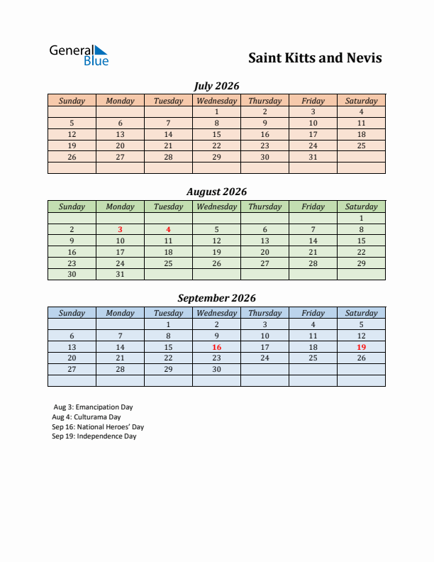 Q3 2026 Holiday Calendar - Saint Kitts and Nevis