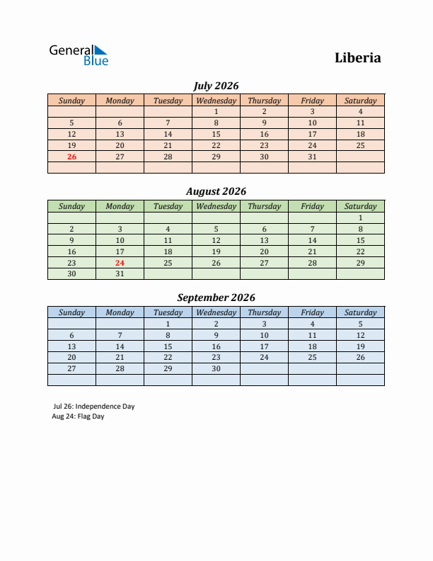 Q3 2026 Holiday Calendar - Liberia