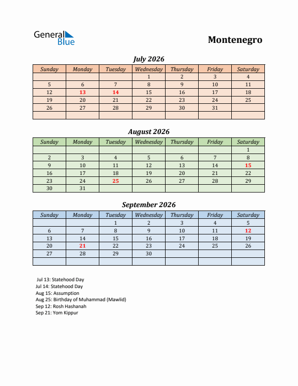 Q3 2026 Holiday Calendar - Montenegro