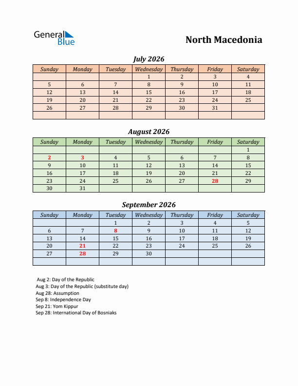 Q3 2026 Holiday Calendar - North Macedonia
