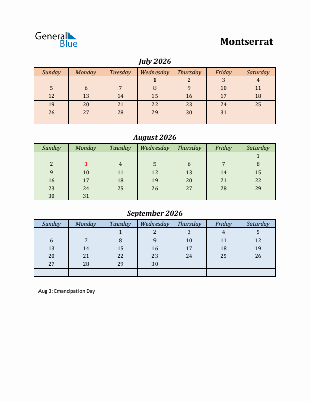 Q3 2026 Holiday Calendar - Montserrat