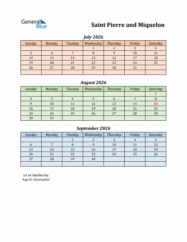 Q3 2026 Holiday Calendar - Saint Pierre and Miquelon