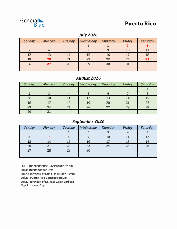 Q3 2026 Holiday Calendar - Puerto Rico