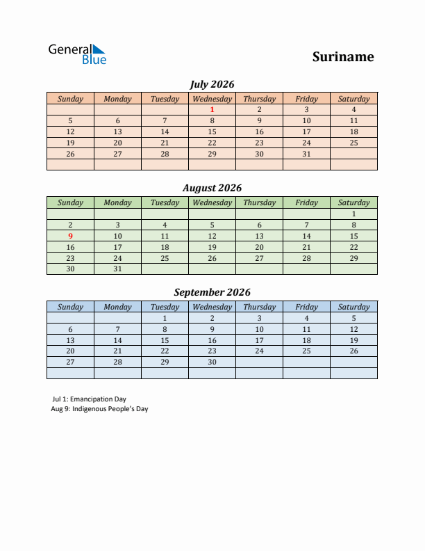 Q3 2026 Holiday Calendar - Suriname