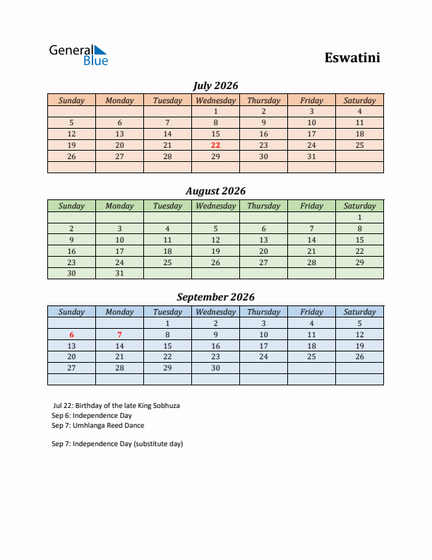 Q3 2026 Holiday Calendar - Eswatini