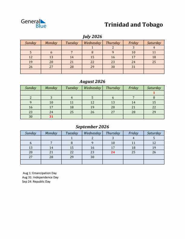 Q3 2026 Holiday Calendar - Trinidad and Tobago