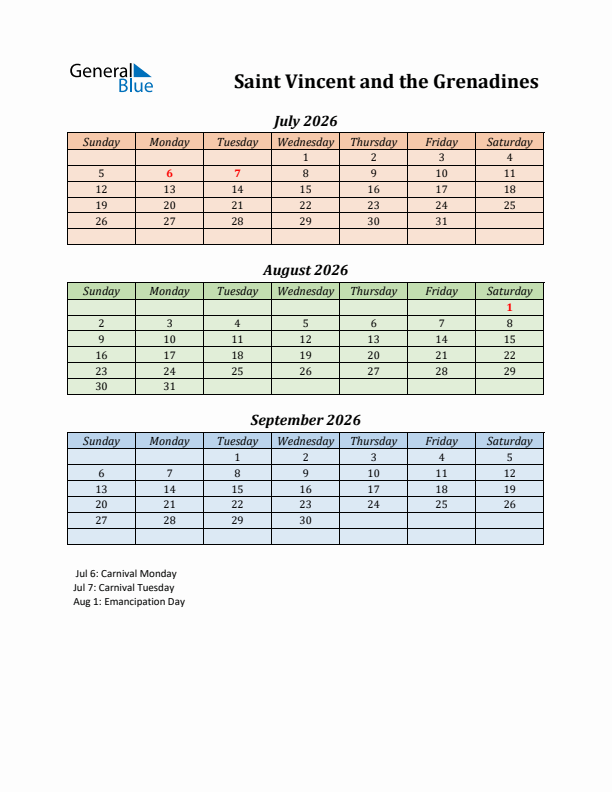 Q3 2026 Holiday Calendar - Saint Vincent and the Grenadines