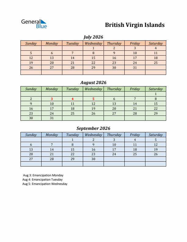 Q3 2026 Holiday Calendar - British Virgin Islands