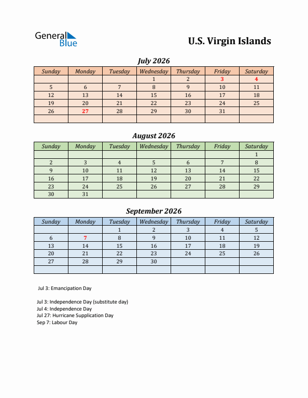 Q3 2026 Holiday Calendar - U.S. Virgin Islands