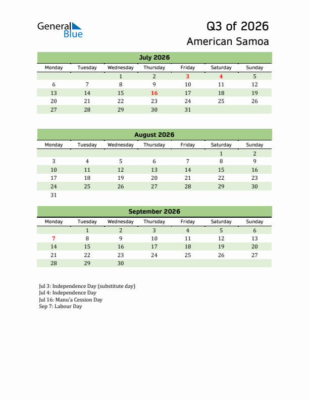 Quarterly Calendar 2026 with American Samoa Holidays