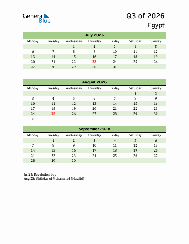 Quarterly Calendar 2026 with Egypt Holidays