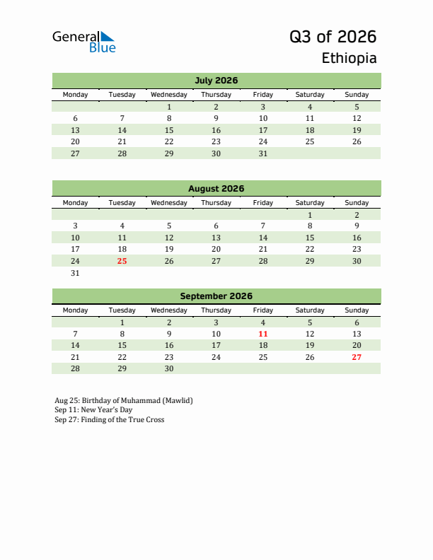 Quarterly Calendar 2026 with Ethiopia Holidays