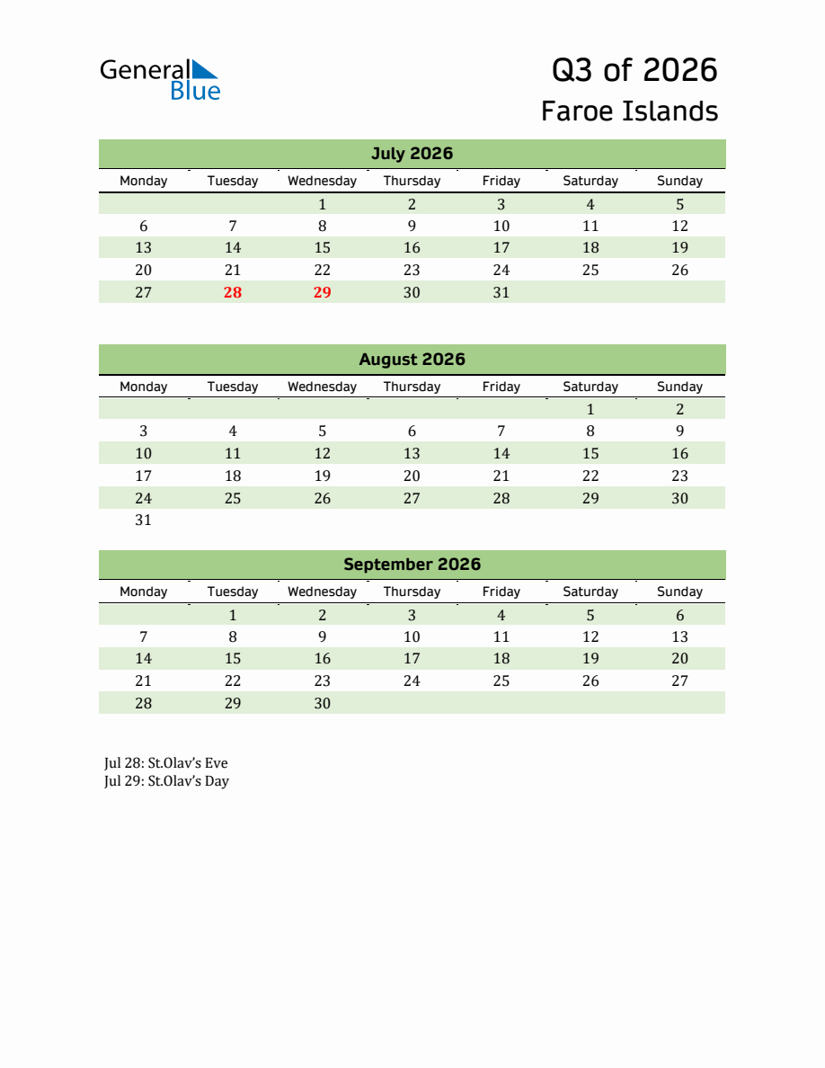 Quarterly Calendar with Faroe Islands Holidays (Q3 of 2026) - Monday Start