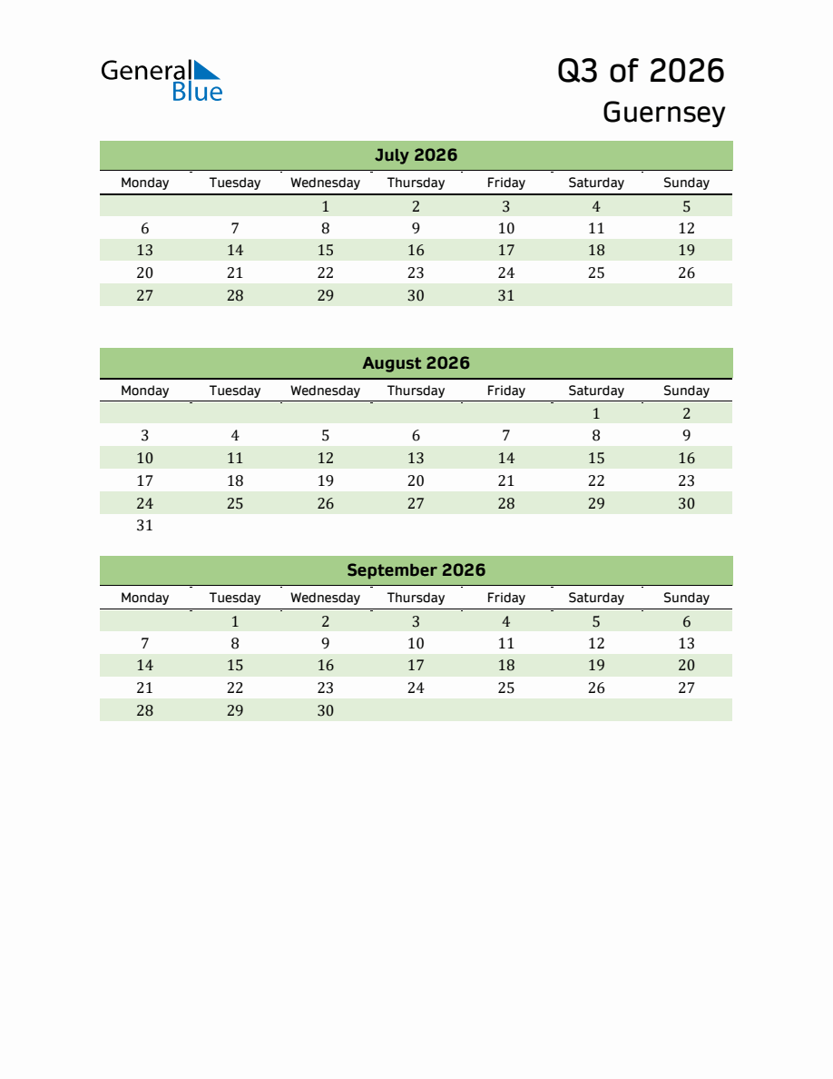 Quarterly Calendar with Guernsey Holidays (Q3 of 2026) - Monday Start