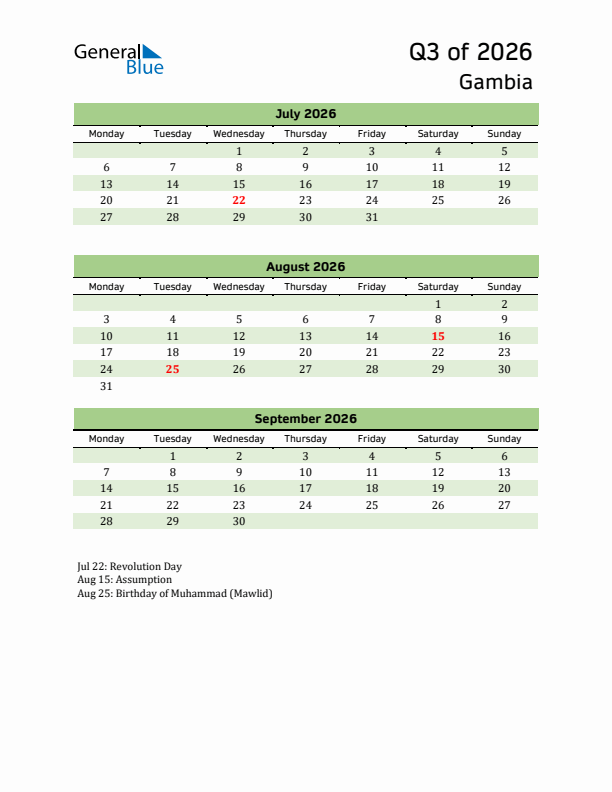 Quarterly Calendar 2026 with Gambia Holidays
