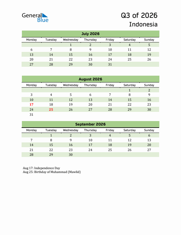 Quarterly Calendar 2026 with Indonesia Holidays