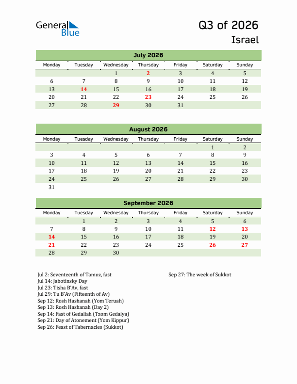Quarterly Calendar 2026 with Israel Holidays